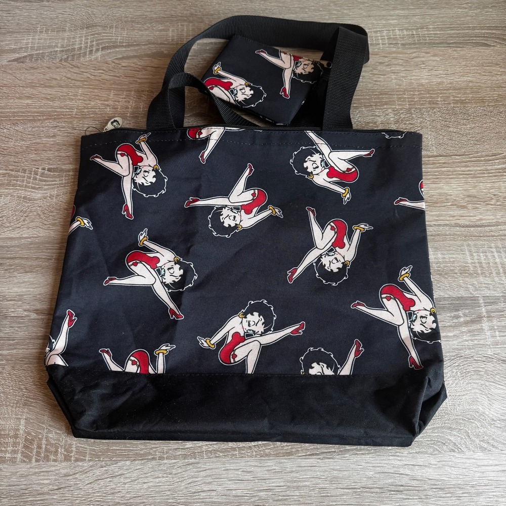 Betty Boop Black Canvas Tote Bag with Matching Coin Purse Zip Top Shoulder Bag